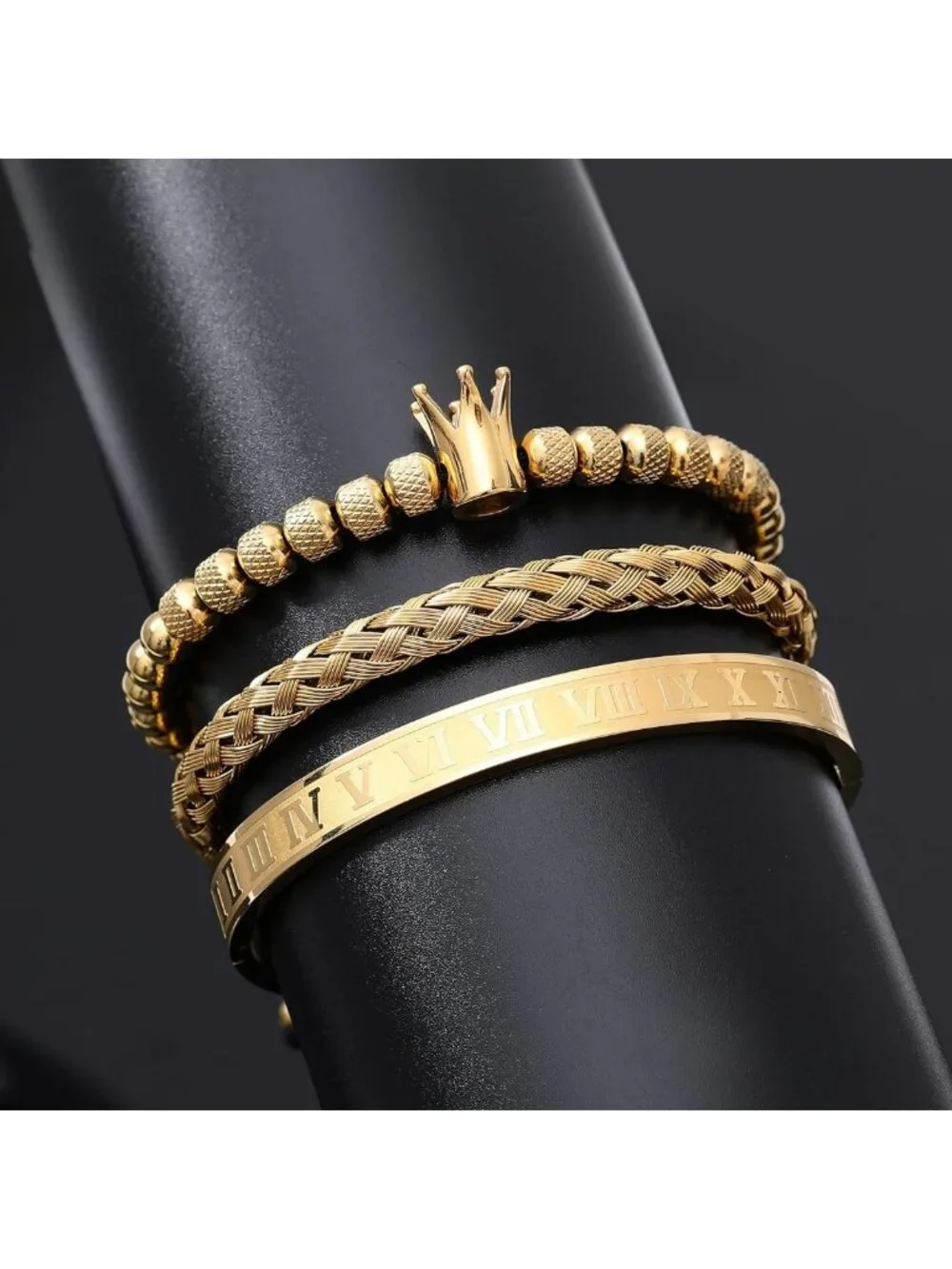 3PCS Men's Luxury Stainless Steel Bracelets Set - Gold Roman Numeral & Twisted